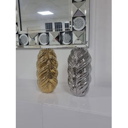 Vase ceramique haut colonne dore ou argent, 30 cm