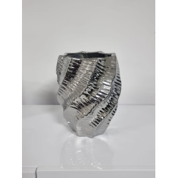 Grand vase ceramique galbe argent ou dore, 28 cm