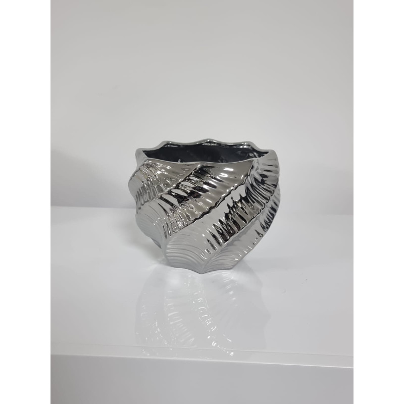 Vase ceramique large ouverture argent ou dore, 18 cm