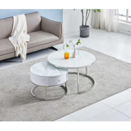 Tables gigognes marbre finition argent, duo a tiroir