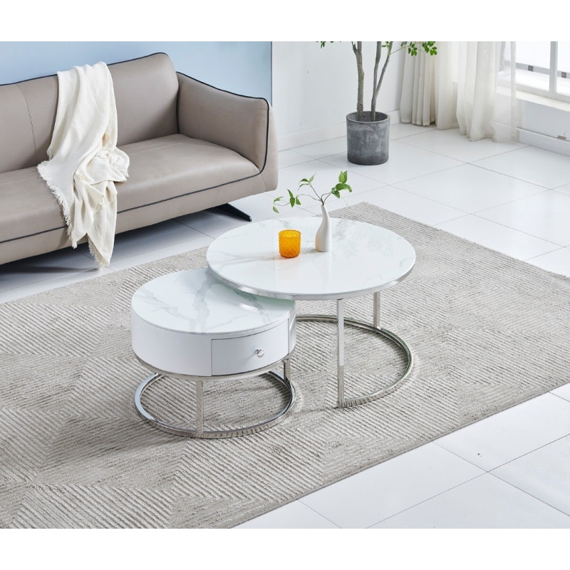 Tables gigognes marbre finition argent, duo a tiroir