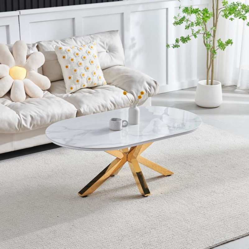 Table basse Ophelia marbre blanc, pied dore