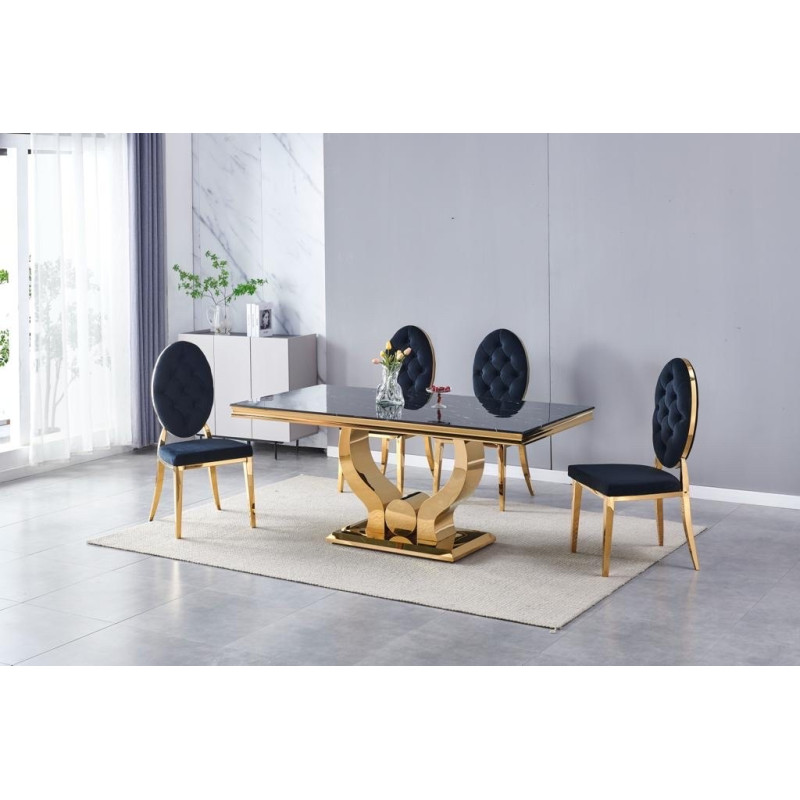 Table a manger Trophee marbre noir, pied dore 180