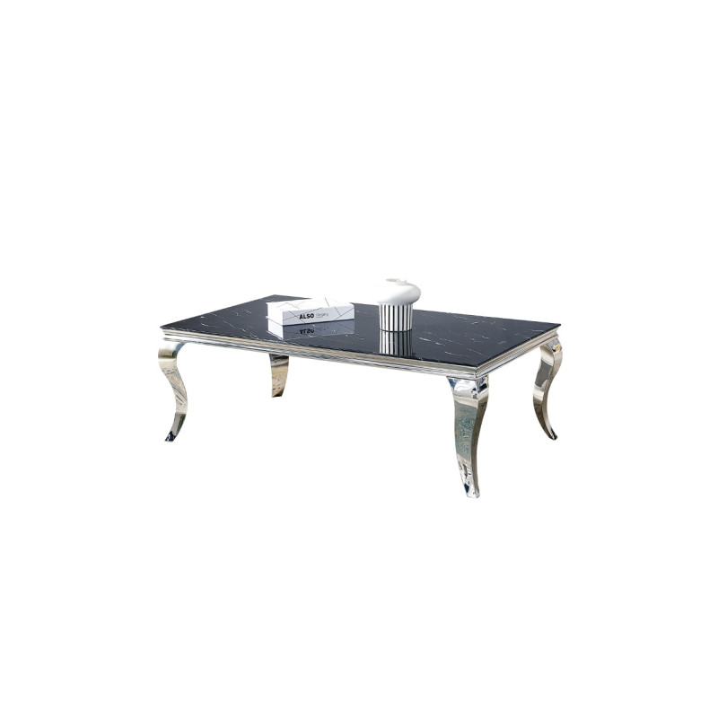 Table basse baroque marbre 120 cm, pietement argente