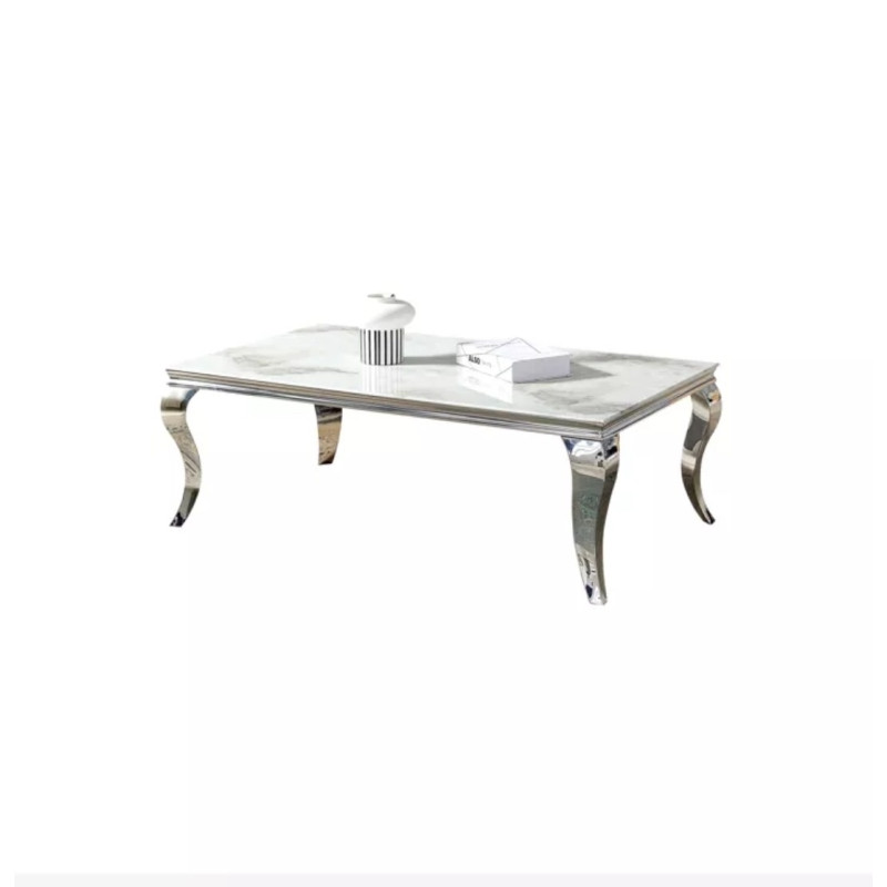 Table basse baroque marbre 120 cm, pietement argente