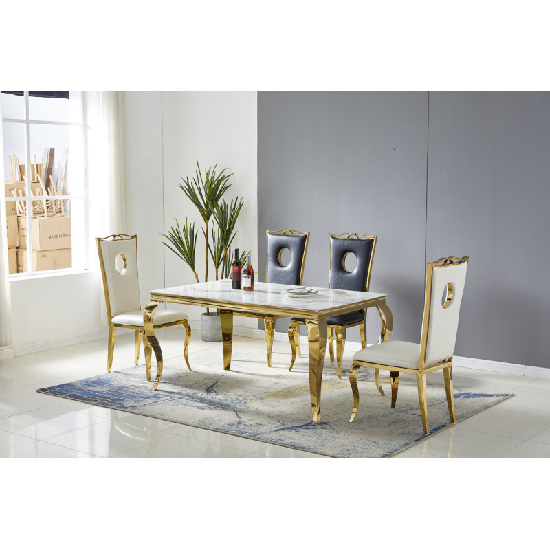 Table a manger baroque marbre et dore, 180 cm