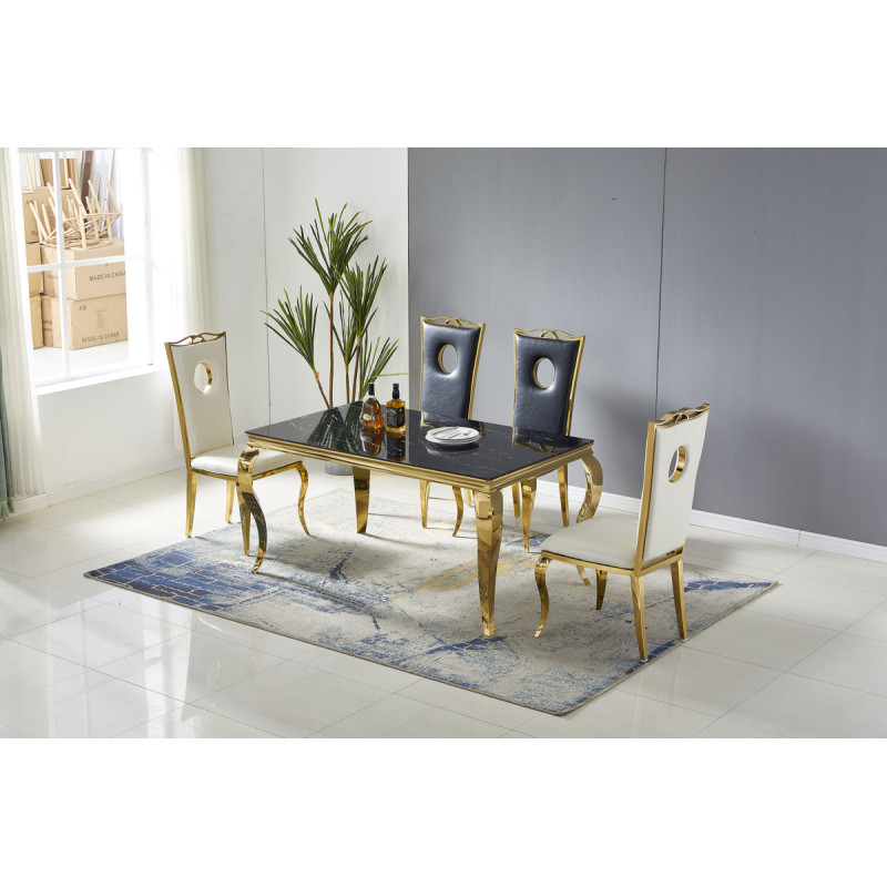 Table a manger baroque marbre et dore, 180 cm