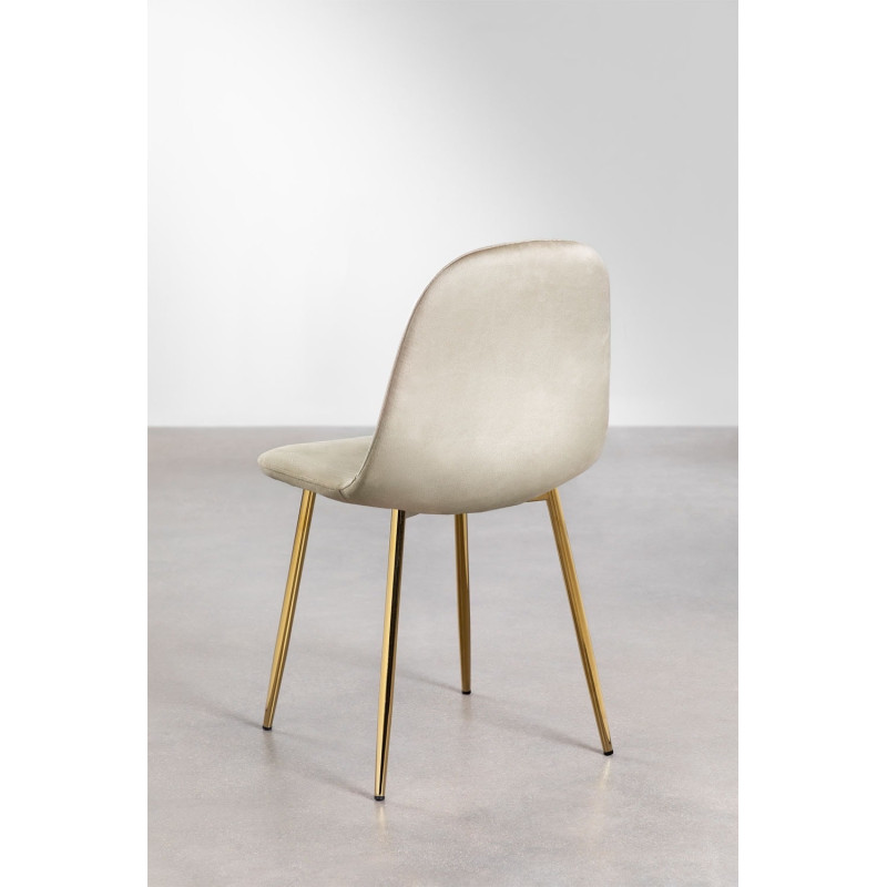 Chaise design velours dossier galbe, pieds dores