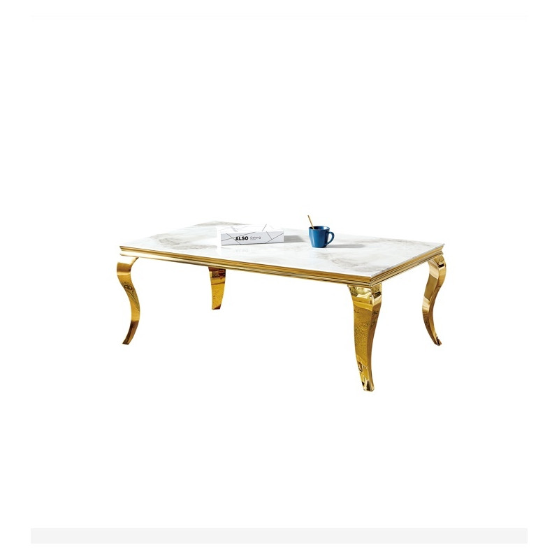 Table basse Baroque doree, plateau effet marbre