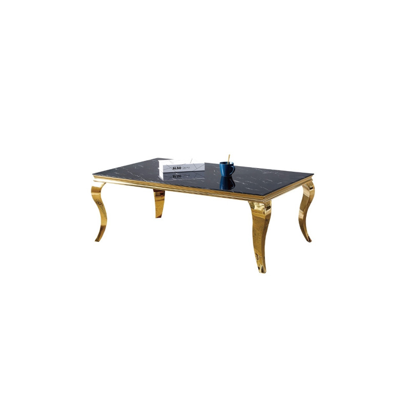 Table basse Baroque doree, plateau effet marbre