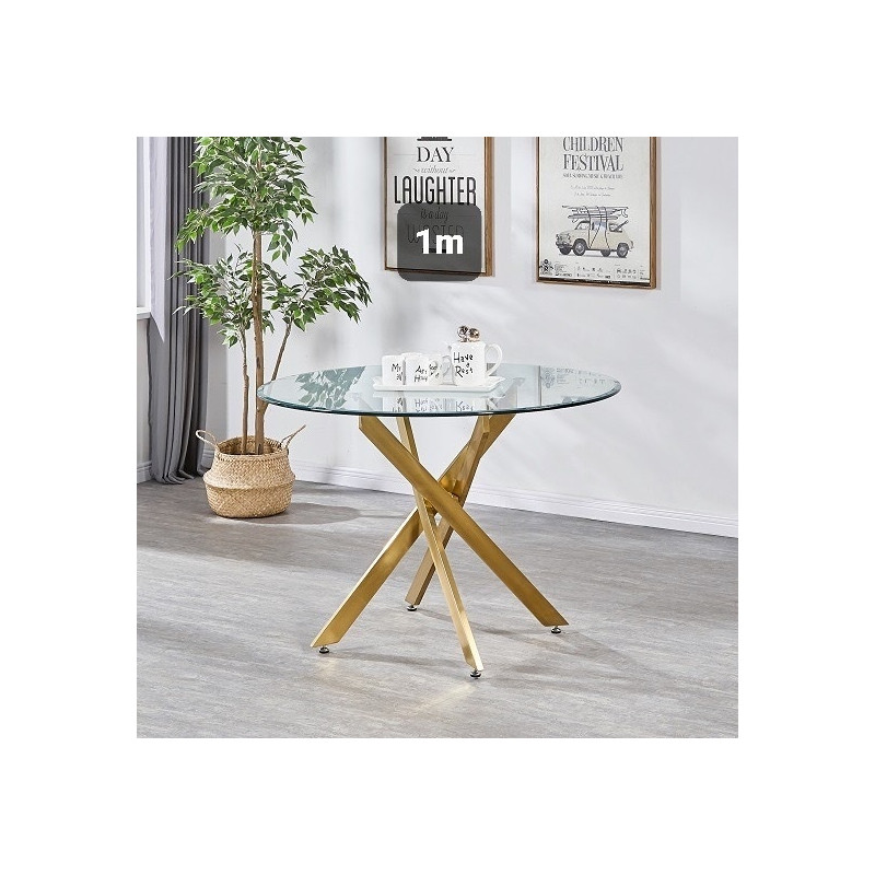 Table ronde Olivia 100 cm verre transparent pied dore