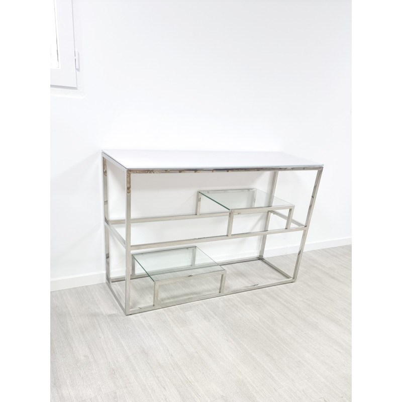 Console d'entree Romi en verre, finition argentee