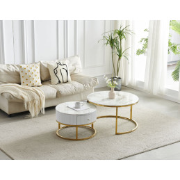 Tables basses gigognes marbre finition doree, duo tiroir