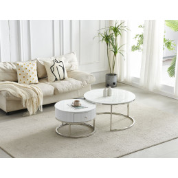 Tables gigognes marbre finition argent, duo a tiroir