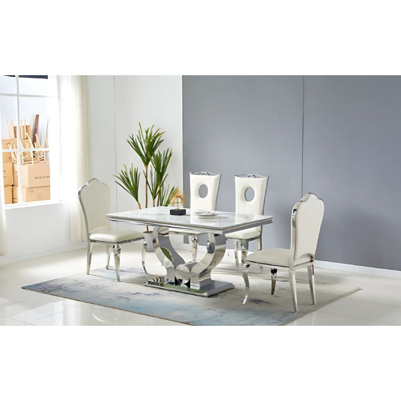 Table Effet Marbre 150 cm - Pieds Inox Table Effet Marbre 150 cm - Pieds Inox