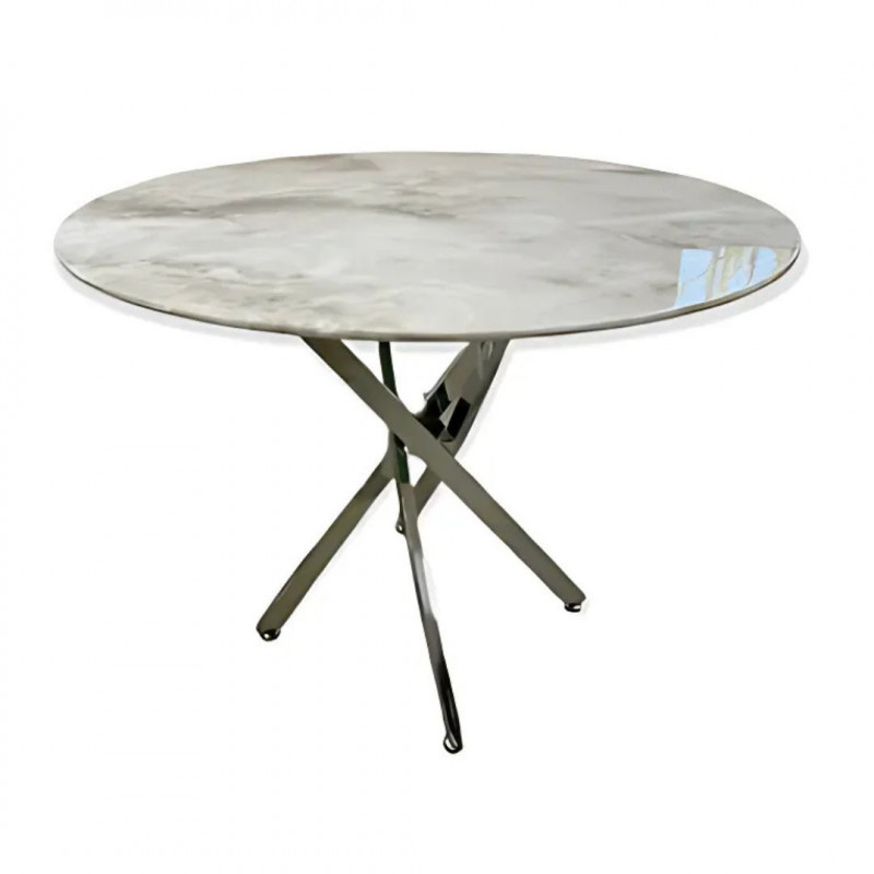 Table ronde 120 cm verre transparent, marbre blanc ou beige - Pied chrome élégant