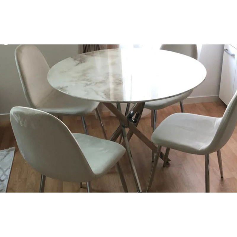 Table ronde 120 cm verre transparent, marbre blanc ou beige - Pied chrome élégant Table ronde 120 cm verre transparent, marbre blanc ou beige - Pied chrome élégant