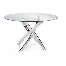 Table ronde 120 cm verre transparent, marbre blanc ou beige - Pied chrome élégant