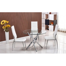 Table ronde 120 cm verre transparent, marbre blanc ou beige - Pied chrome élégant
