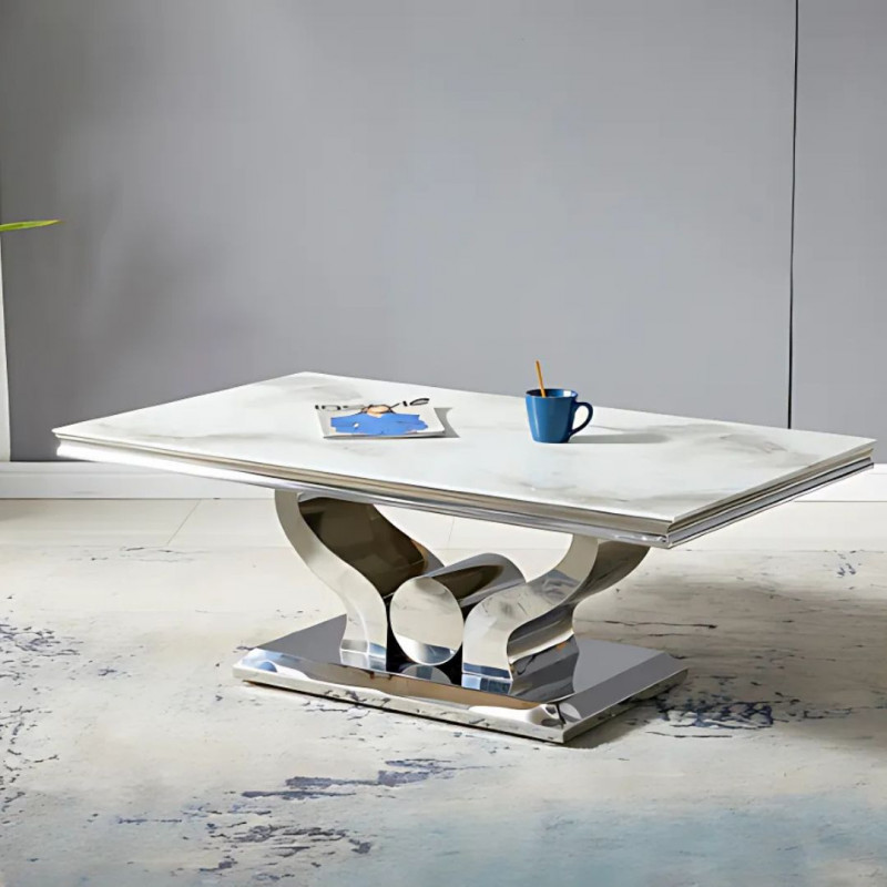 Table basse trophée 120 cm pieds argentés - Effet marbre raffiné Table basse trophée 120 cm pieds argentés - Effet marbre raffiné