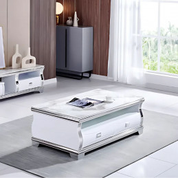 Table basse 130 cm marbre beige avec tiroirs - Pieds chromés