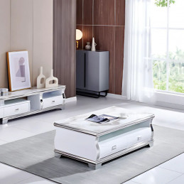 Table basse 130 cm marbre beige avec tiroirs - Pieds chromés