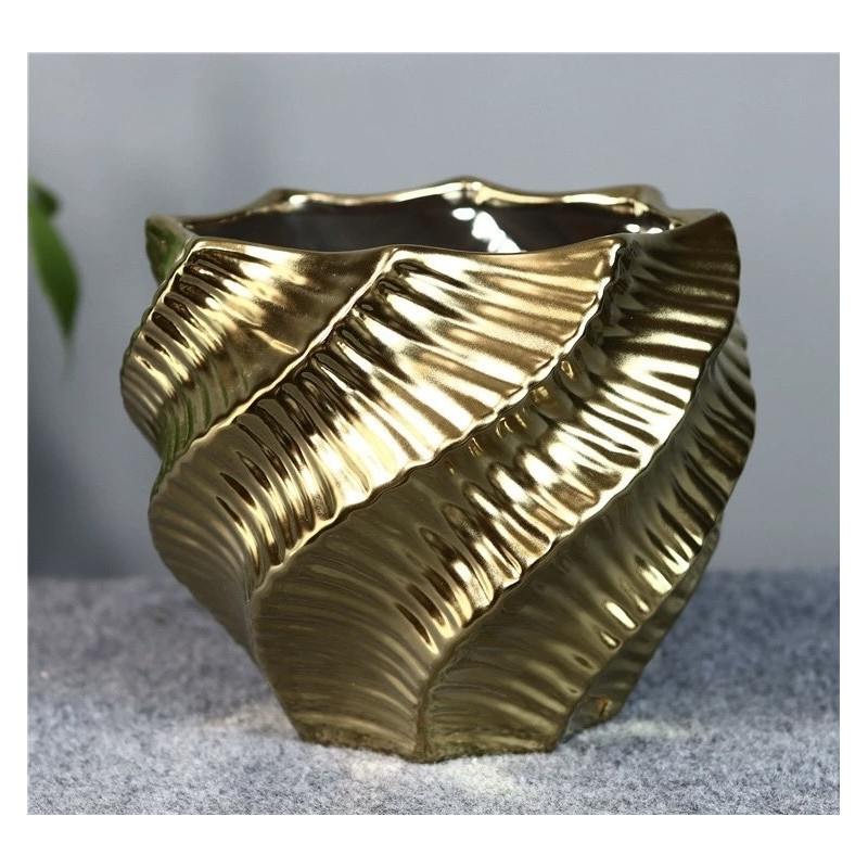 Vase ceramique large ouverture argent ou dore, 18 cm