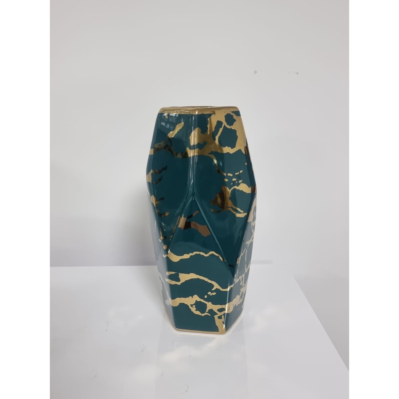 Vase ceramique haut format 28 cm argent bleu dore