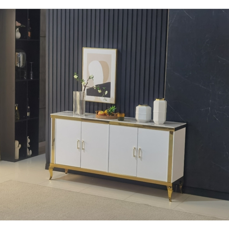 Buffet baroque 4 portes, plateau verre trempe