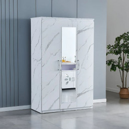 Armoire 3 portes marbre blanc avec miroir et étagères