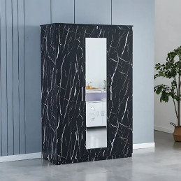 Armoire 3 portes marbre noir avec miroir et étagères