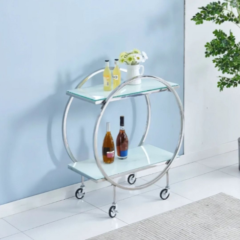 Étagère roulante Élégance argentée avec étagères en verre marbre blanc Étagère roulante Élégance argentée avec étagères en verre marbre blanc