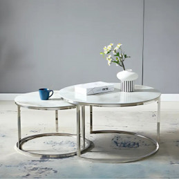 Table basse gigogne verre trempé effet marbre pieds argentés