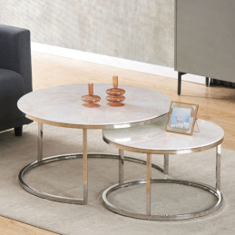 Table basse gigogne verre trempé effet marbre pieds argentés