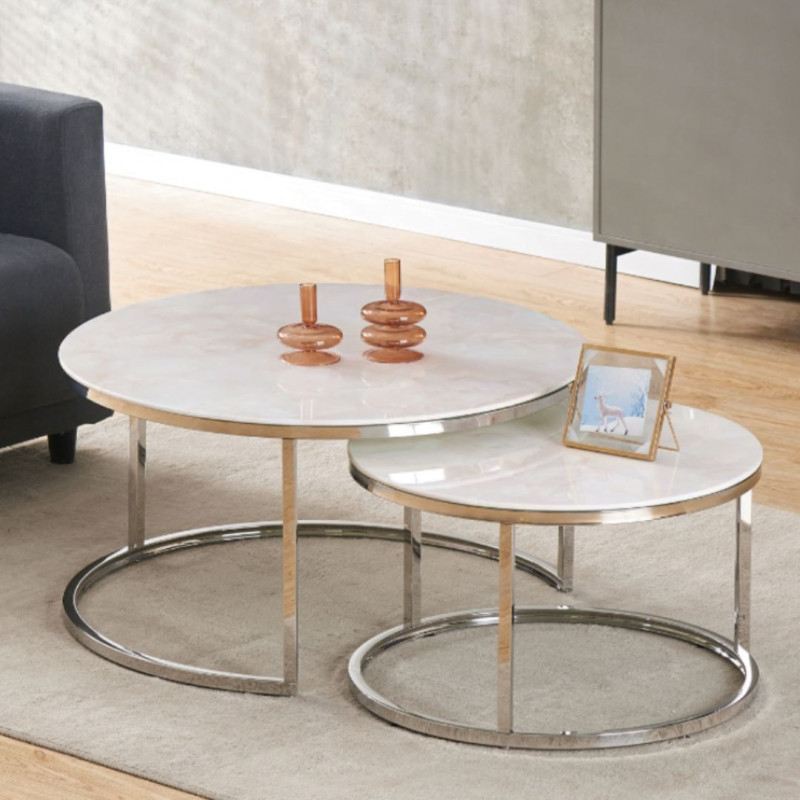 Table basse gigogne verre trempé effet marbre pieds argentés Table basse gigogne verre trempé effet marbre pieds argentés
