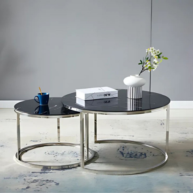 Table basse gigogne verre trempé effet marbre pieds argentés Table basse gigogne verre trempé effet marbre pieds argentés