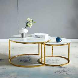 Table basse gigogne verre trempé effet marbre pieds dorés