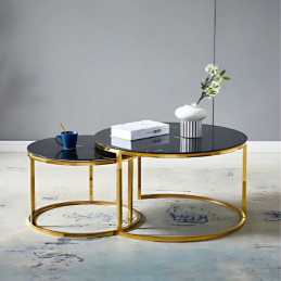 Table basse gigogne verre trempé effet marbre pieds dorés