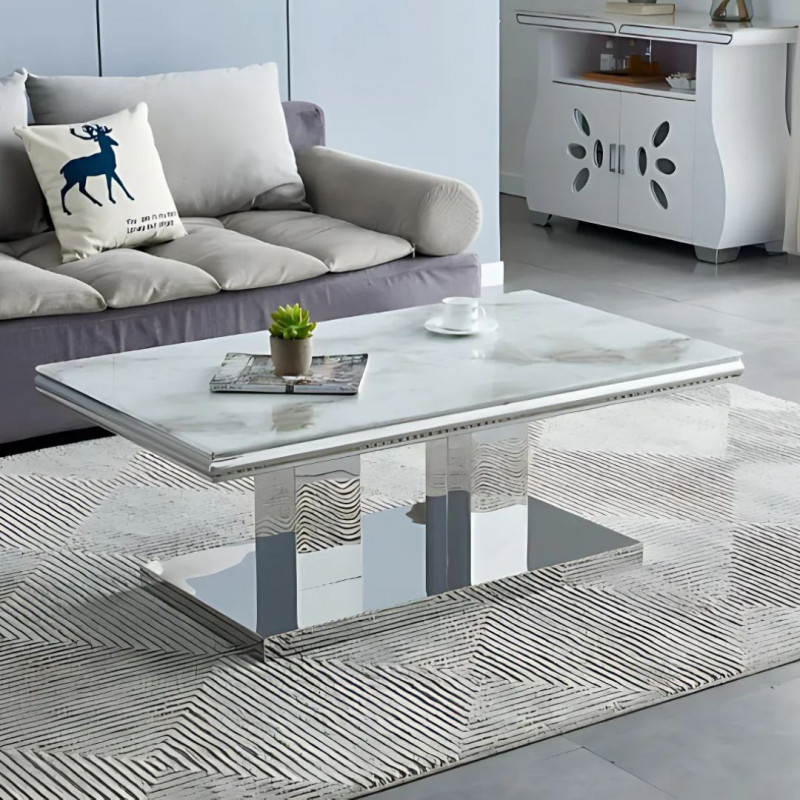 Table basse marbre 120 cm pieds chromés - Luxe et élégance Table basse marbre 120 cm pieds chromés - Luxe et élégance