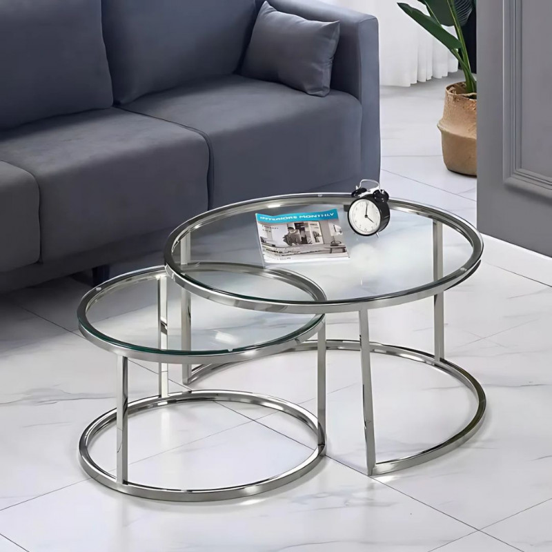 Tables gigognes verre pieds dorés ou chromé - Ensemble 2 pièces Tables gigognes verre pieds dorés ou chromé - Ensemble 2 pièces
