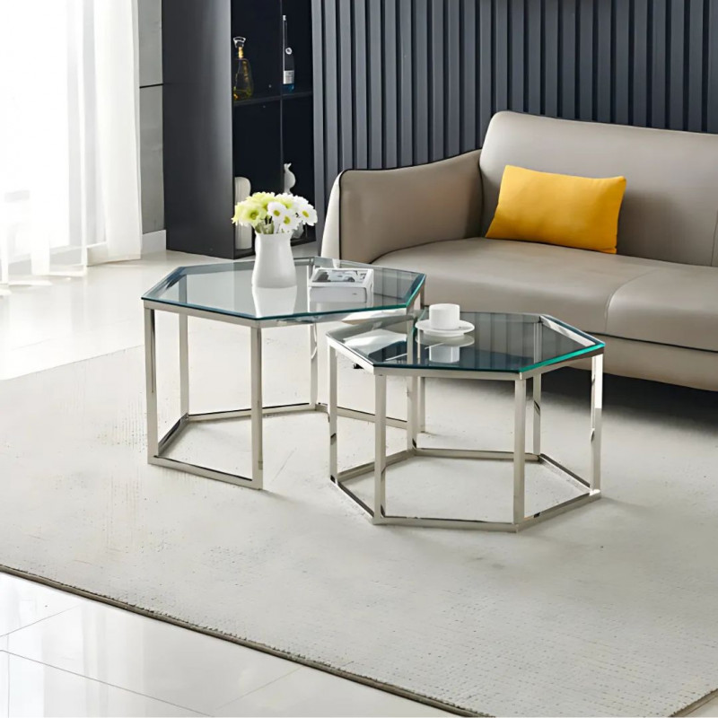 Tables gigognes verre transparent - Hexagonales Tables gigognes verre transparent - Hexagonales