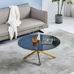 Table basse en verre aux pieds dorés – effet marbre blanc, beige et noir