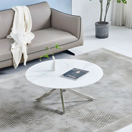 Table basse en verre aux pieds chromés – effet marbre blanc, beige et noir