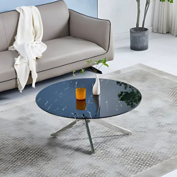 Table basse en verre aux pieds chromés – effet marbre blanc, beige et noir