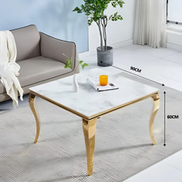 Table basse carrée en verre aux pieds dorés