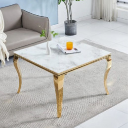 Table basse carrée en verre aux pieds dorés