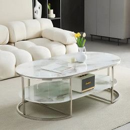 Table basse ovale 2 plateaux avec pieds chromés