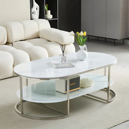 Table basse ovale 2 plateaux avec pieds chromés