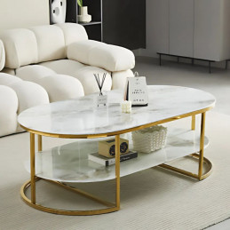 Table basse ovale 2 plateaux avec pieds dorés