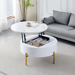 Table basse ronde coffre avec plateau relevable et pieds dorés